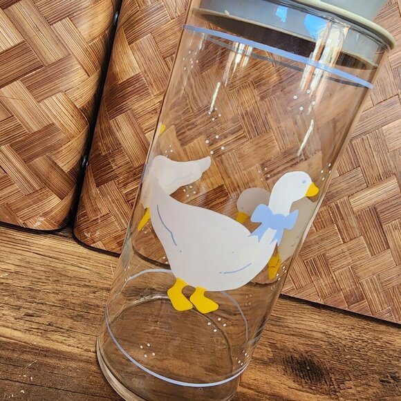 Vintage Glass Jar Storage Canister Blue Ribbon Geese White Country Goose Lid‎ - Picture 1 of 11